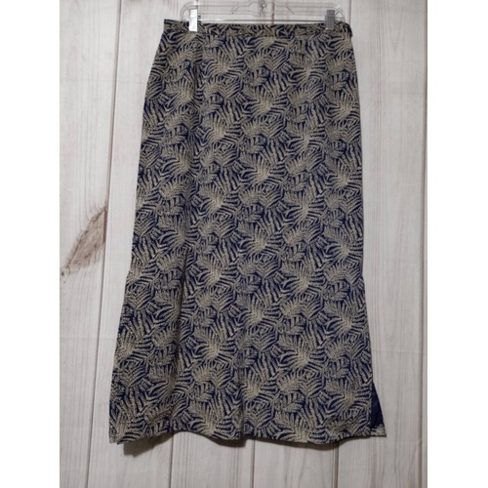 Talbots Navy Blue Cream Fern Leaf Print Maxi Skirt Side Slit Lined Size 14